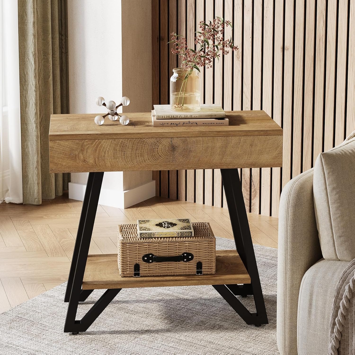 24" Natural Narrow End Table with Storage Shelf – Space-Saving Nightstand for Couch & Bedroom