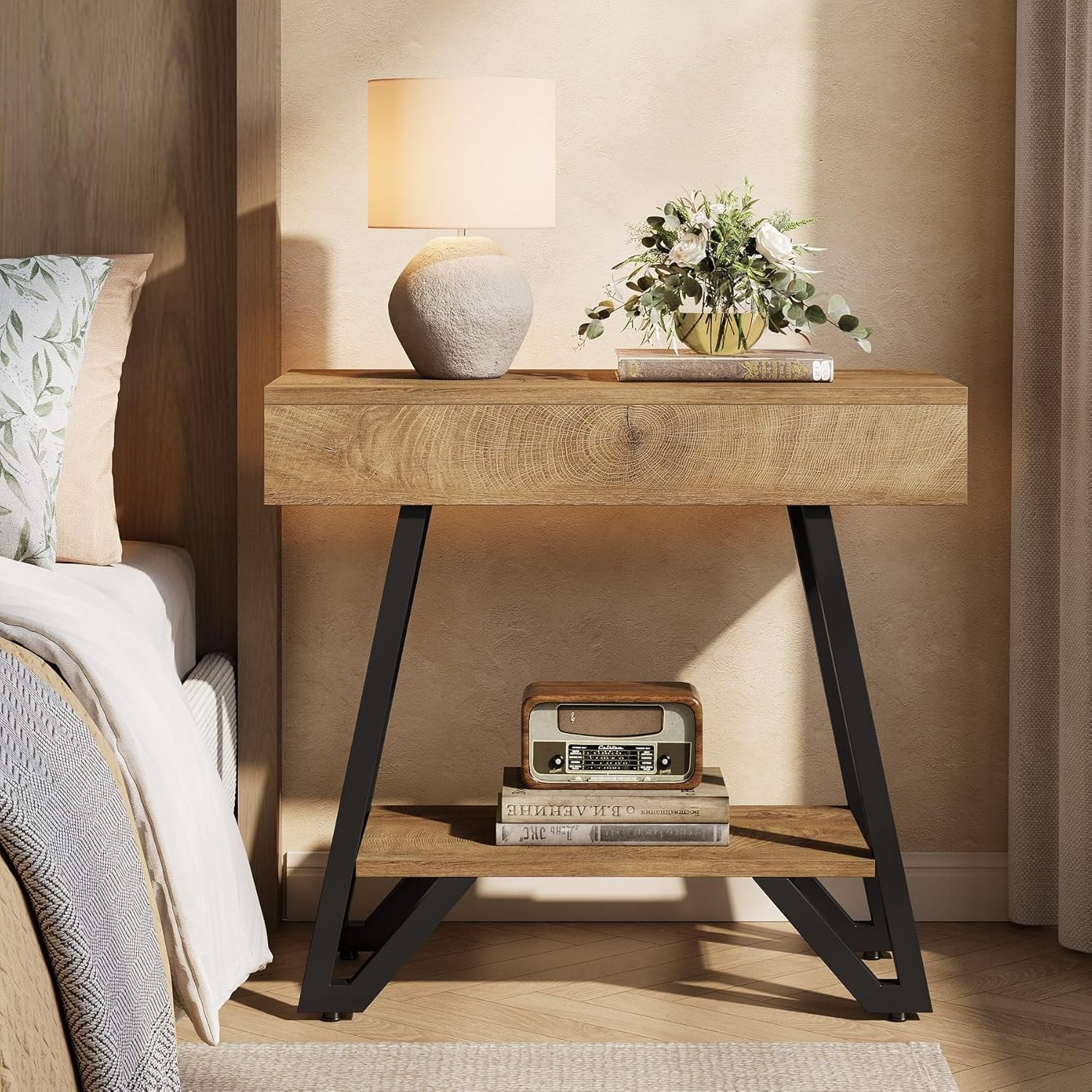 24" Natural Narrow End Table with Storage Shelf – Space-Saving Nightstand for Couch & Bedroom