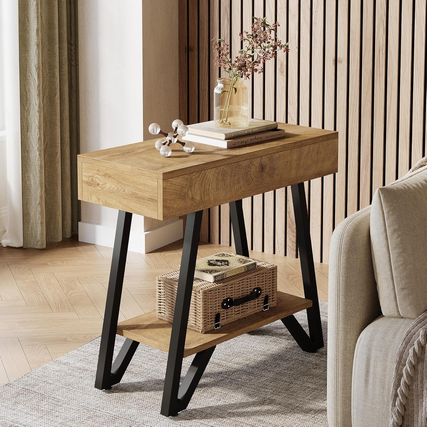 24" Natural Narrow End Table with Storage Shelf – Space-Saving Nightstand for Couch & Bedroom