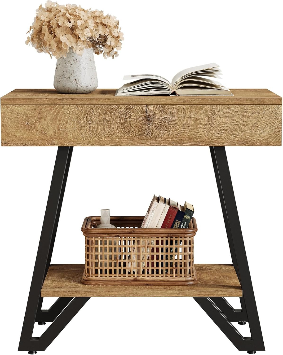 24" Natural Narrow End Table with Storage Shelf – Space-Saving Nightstand for Couch & Bedroom