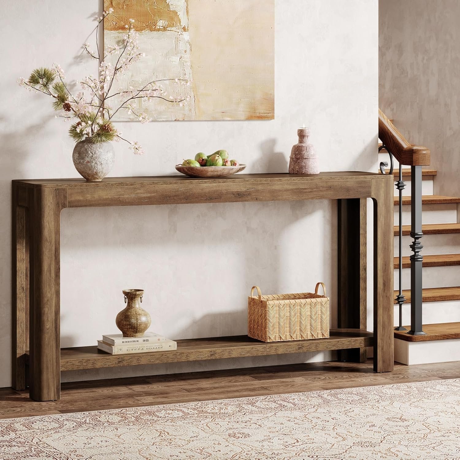 Rustic Haven 63" Two-Tier Farmhouse Console Table - Narrow Entryway Sofa Table for Hallway & Foyer