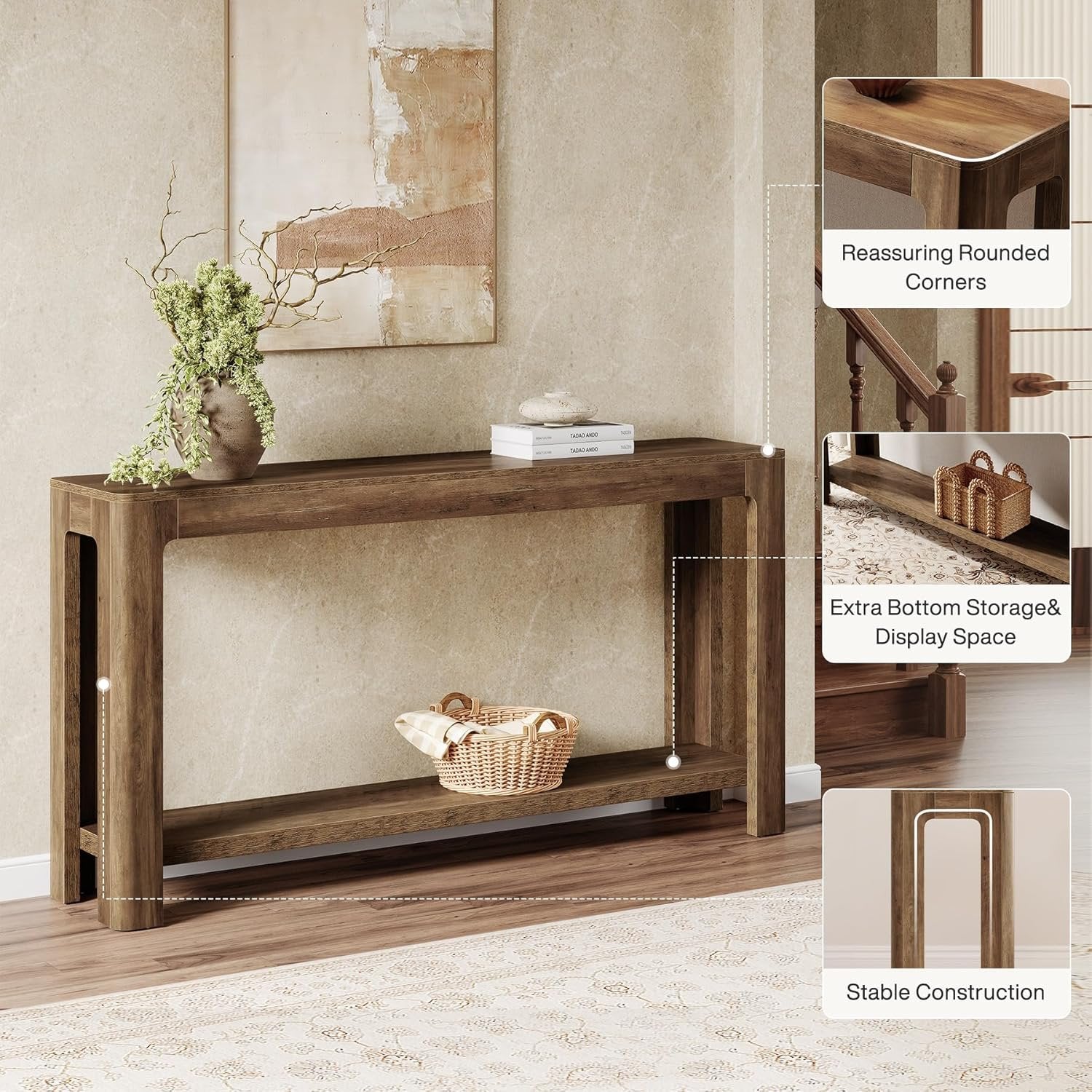 Rustic Haven 63" Two-Tier Farmhouse Console Table - Narrow Entryway Sofa Table for Hallway & Foyer