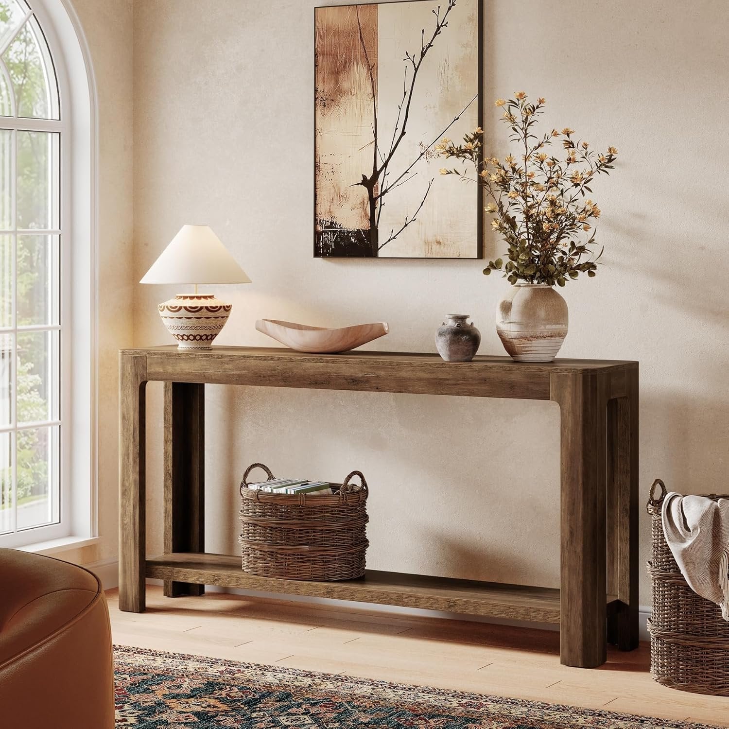 Rustic Haven 63" Two-Tier Farmhouse Console Table - Narrow Entryway Sofa Table for Hallway & Foyer