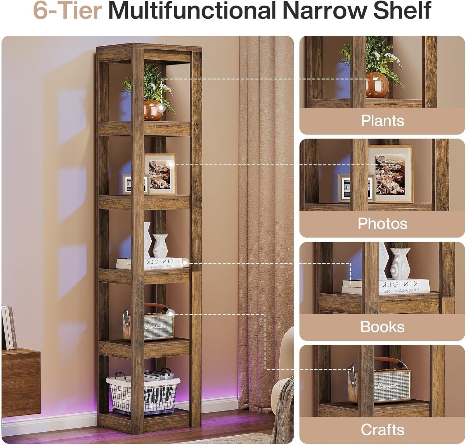 70.86-Inch Tall 6-Tier Bookcase, Freestanding Narrow Storage Shelf for Home Office