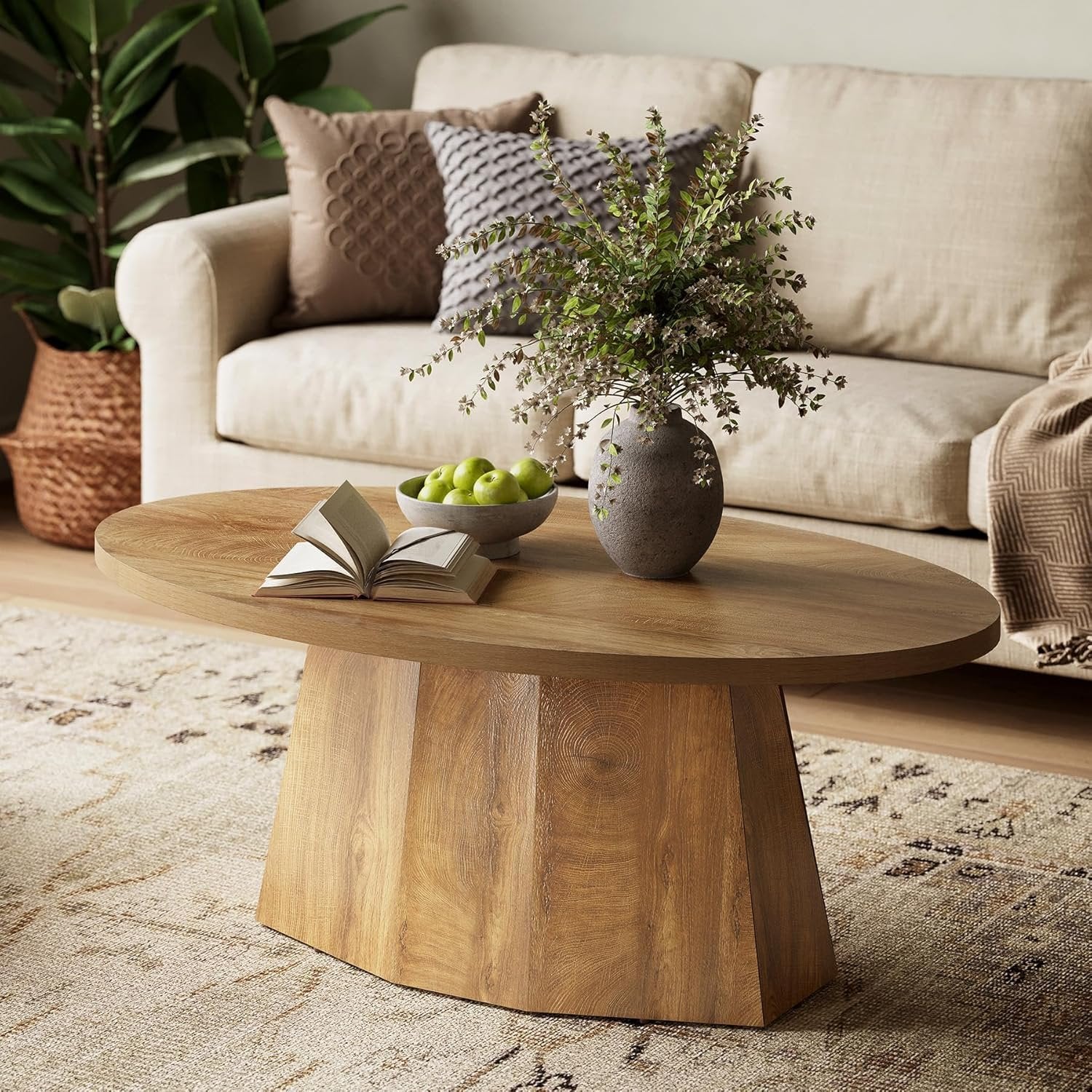 Oval Coffee Table, Modern 47-Inch Center Table with Safe Polygonal Base in Warm Yellowish Brown