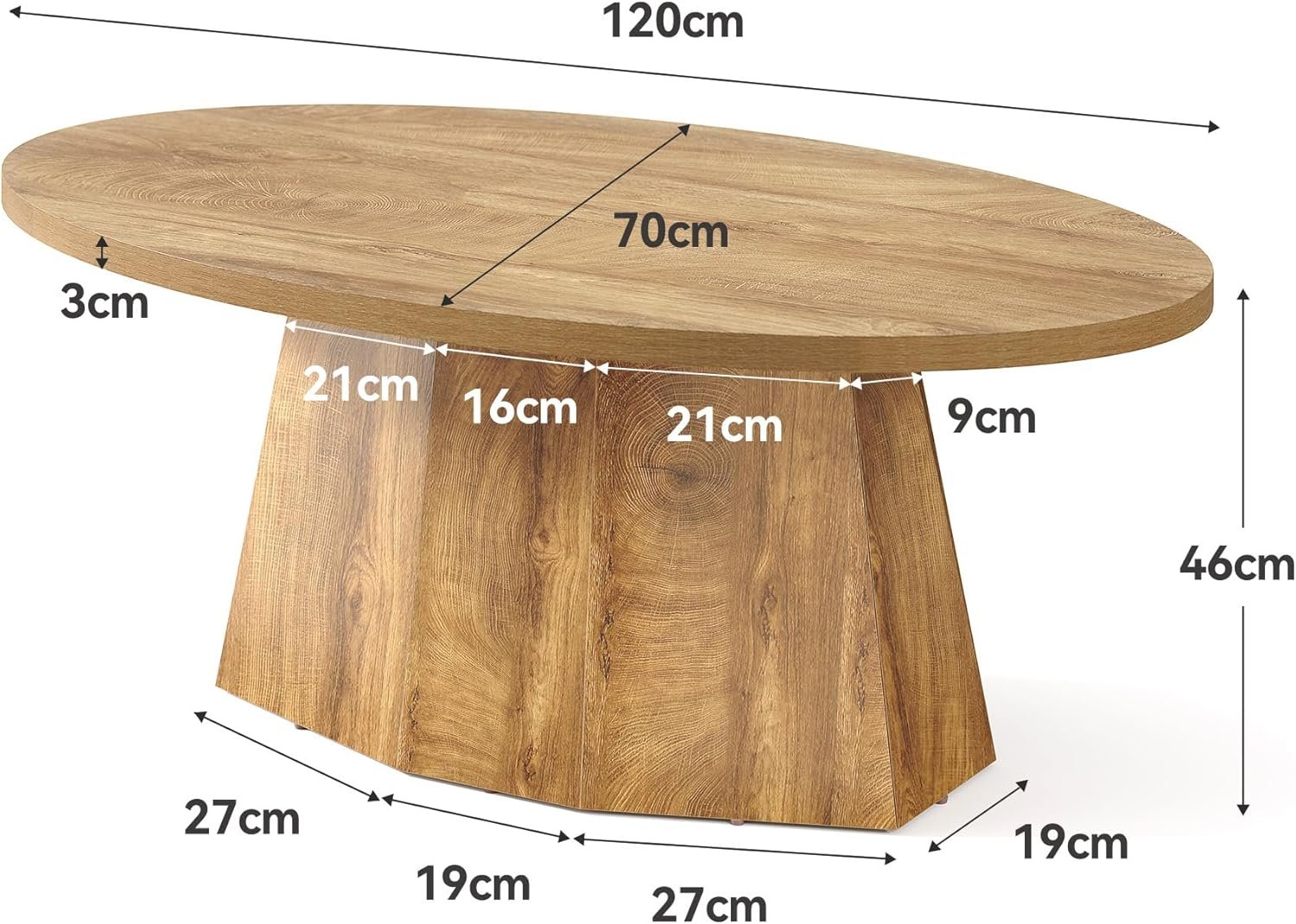 Oval Coffee Table, Modern 47-Inch Center Table with Safe Polygonal Base in Warm Yellowish Brown