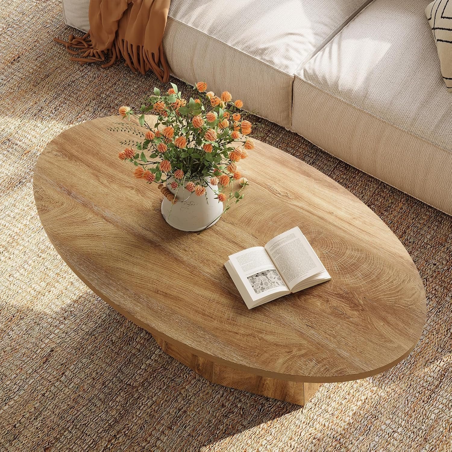 Oval Coffee Table, Modern 47-Inch Center Table with Safe Polygonal Base in Warm Yellowish Brown