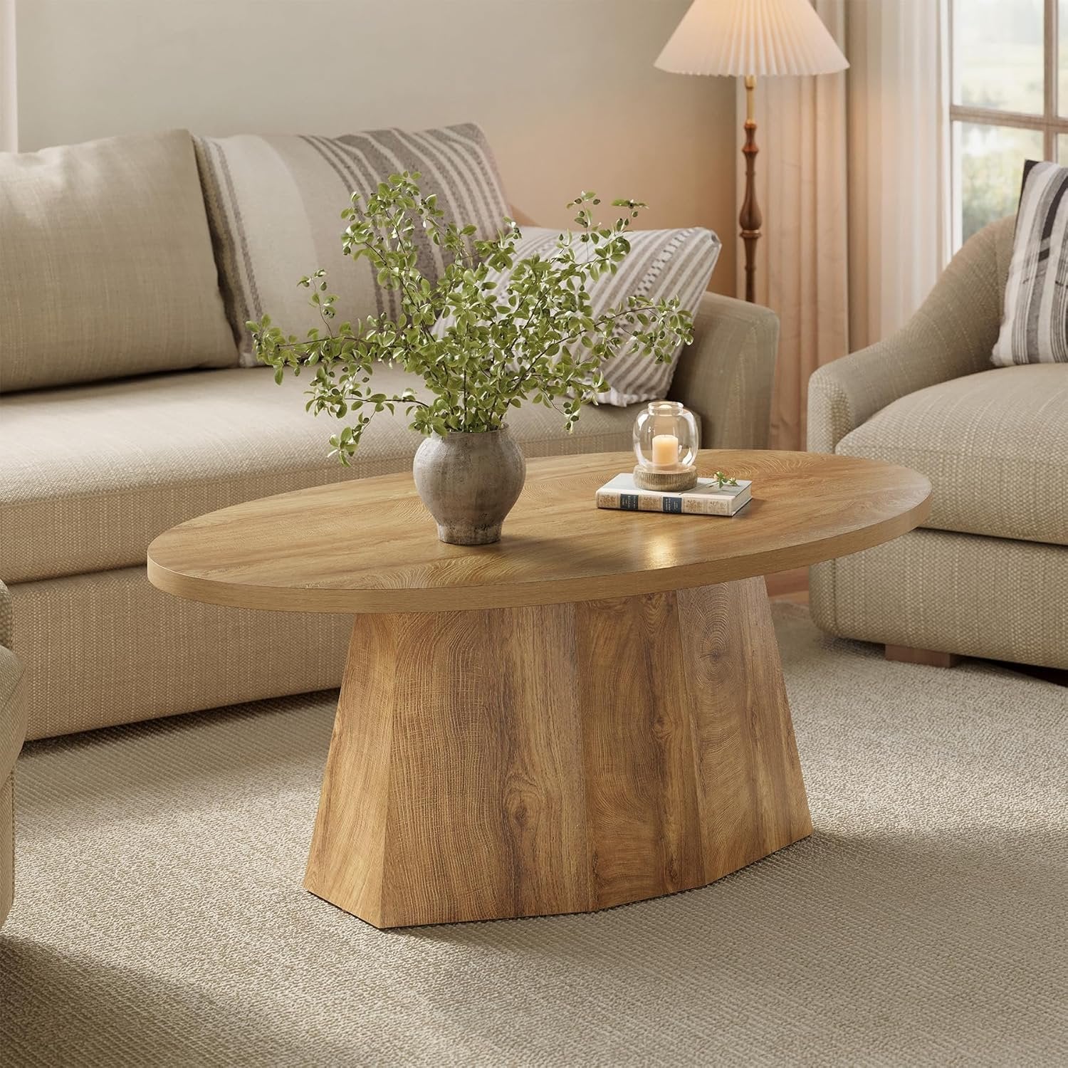 Oval Coffee Table, Modern 47-Inch Center Table with Safe Polygonal Base in Warm Yellowish Brown
