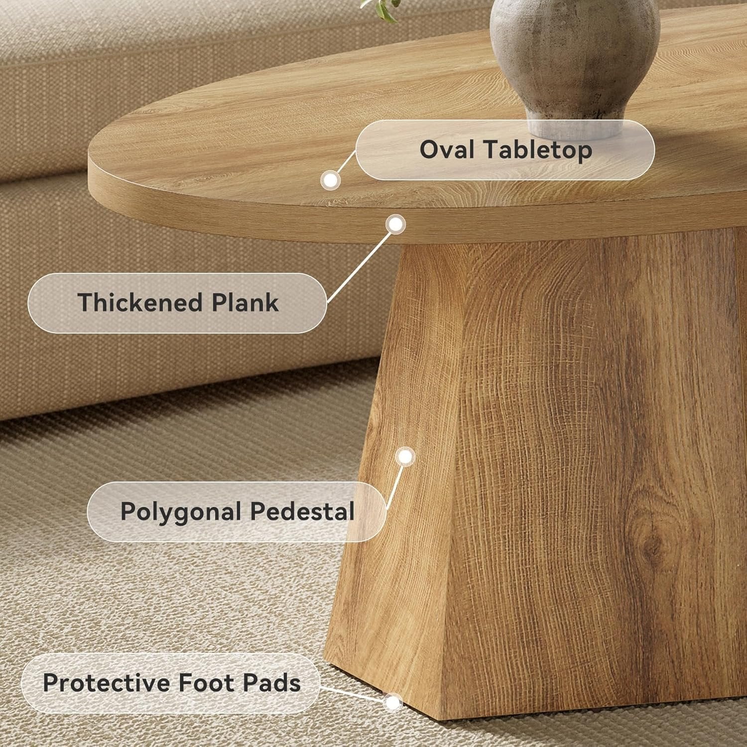 Oval Coffee Table, Modern 47-Inch Center Table with Safe Polygonal Base in Warm Yellowish Brown
