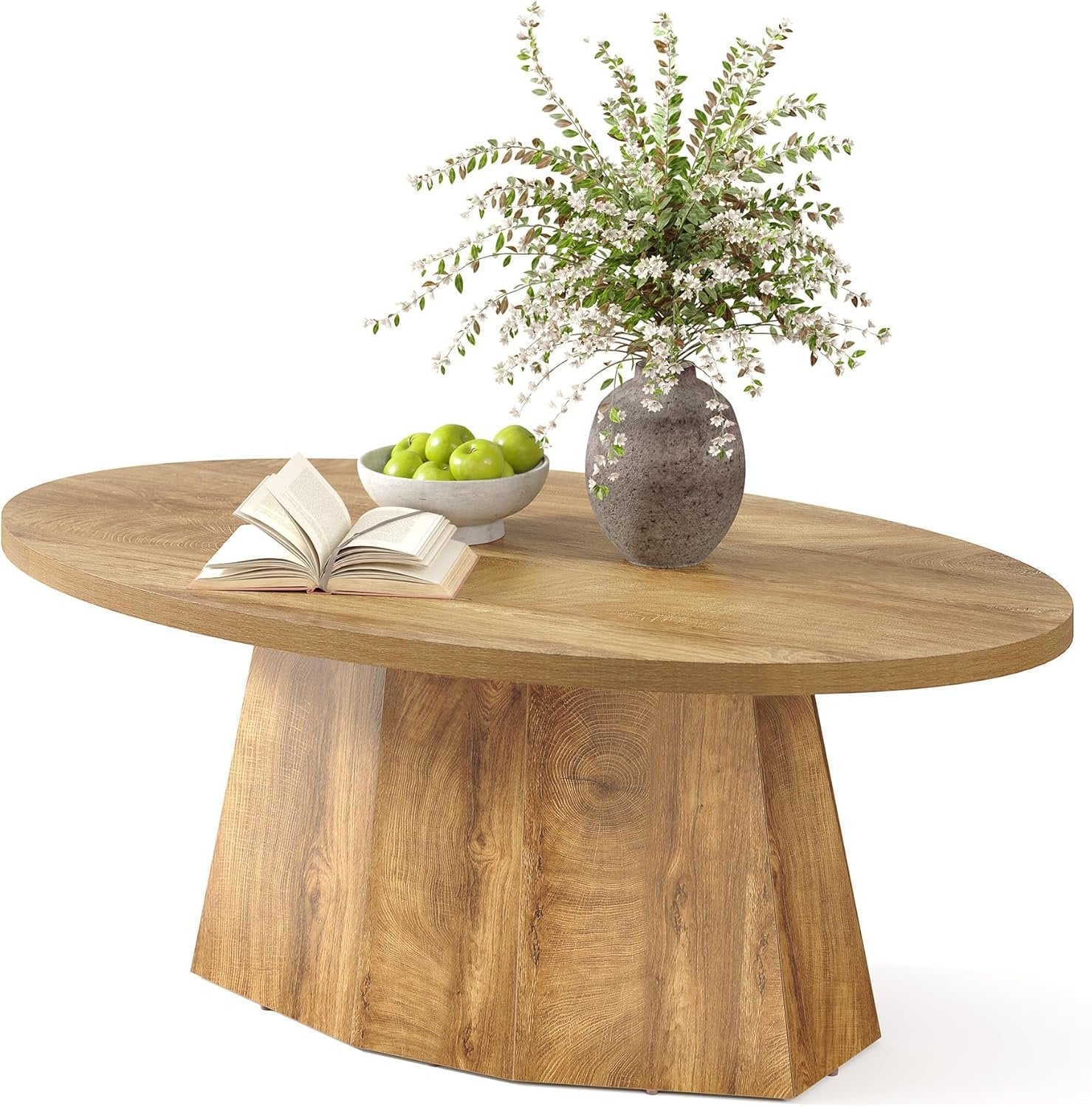 Oval Coffee Table, Modern 47-Inch Center Table with Safe Polygonal Base in Warm Yellowish Brown