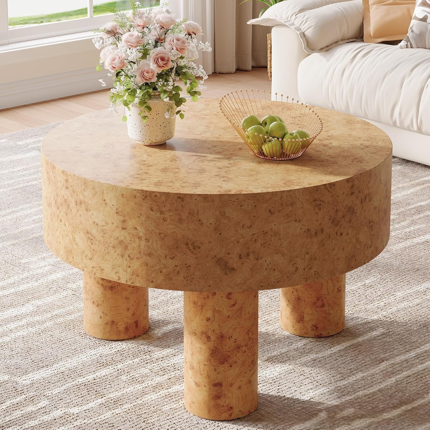 31.5" Modern Round Coffee Table with Burl Texture for Small Space