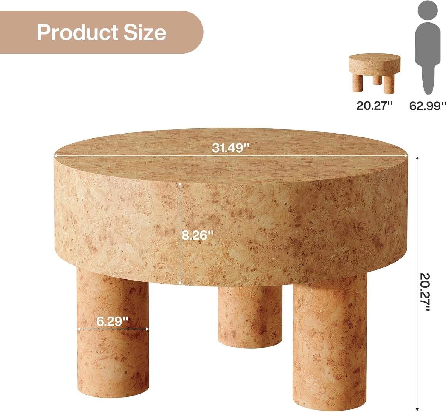 31.5" Modern Round Coffee Table with Burl Texture for Small Space