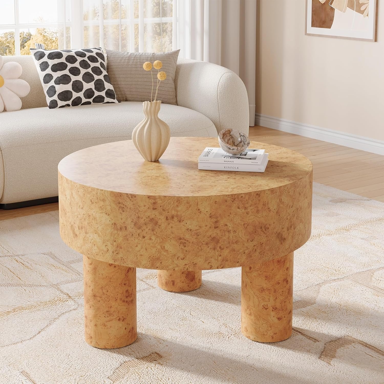 31.5" Modern Round Coffee Table with Burl Texture for Small Space