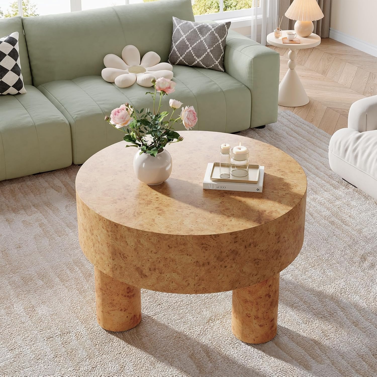 31.5" Modern Round Coffee Table with Burl Texture for Small Space