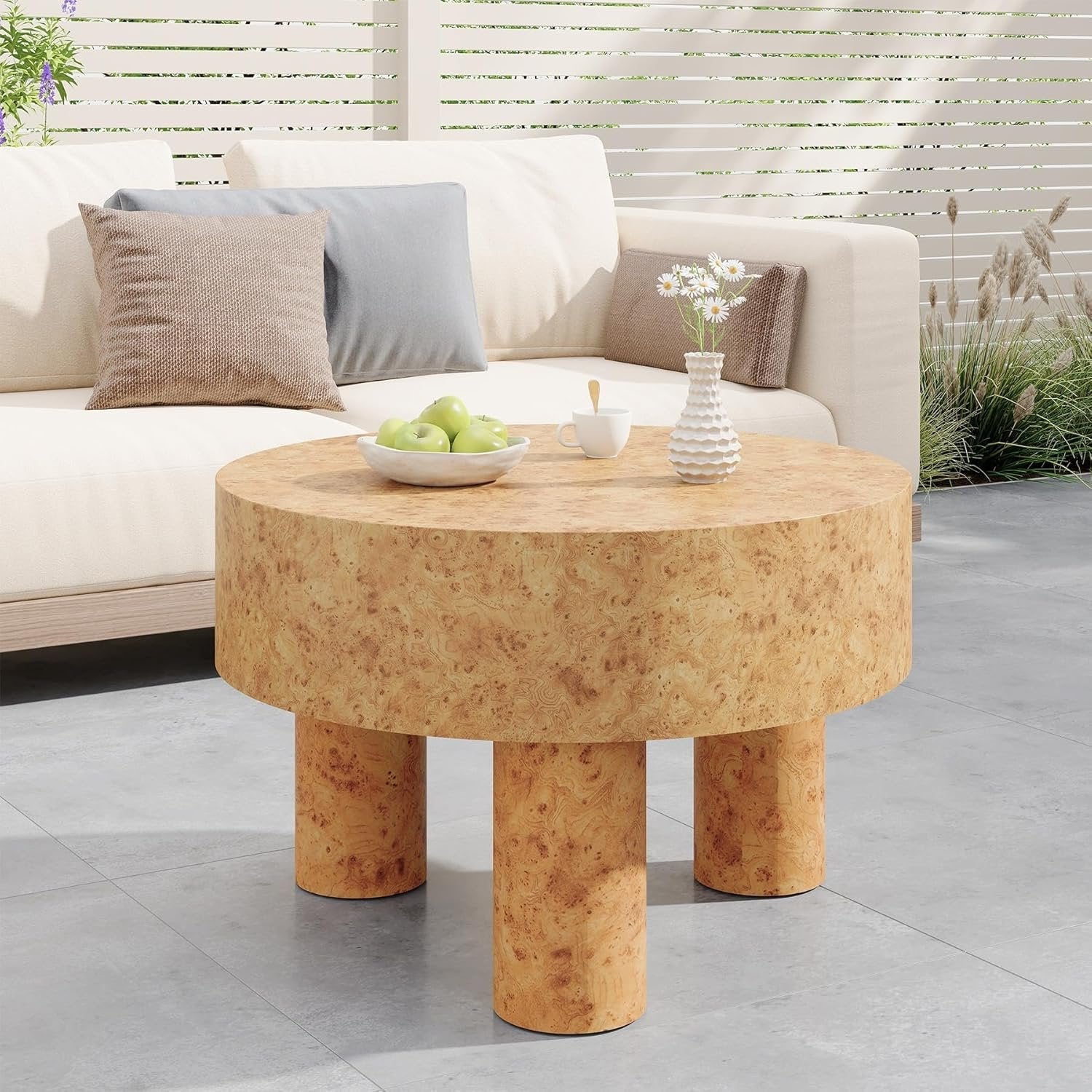 31.5" Modern Round Coffee Table with Burl Texture for Small Space