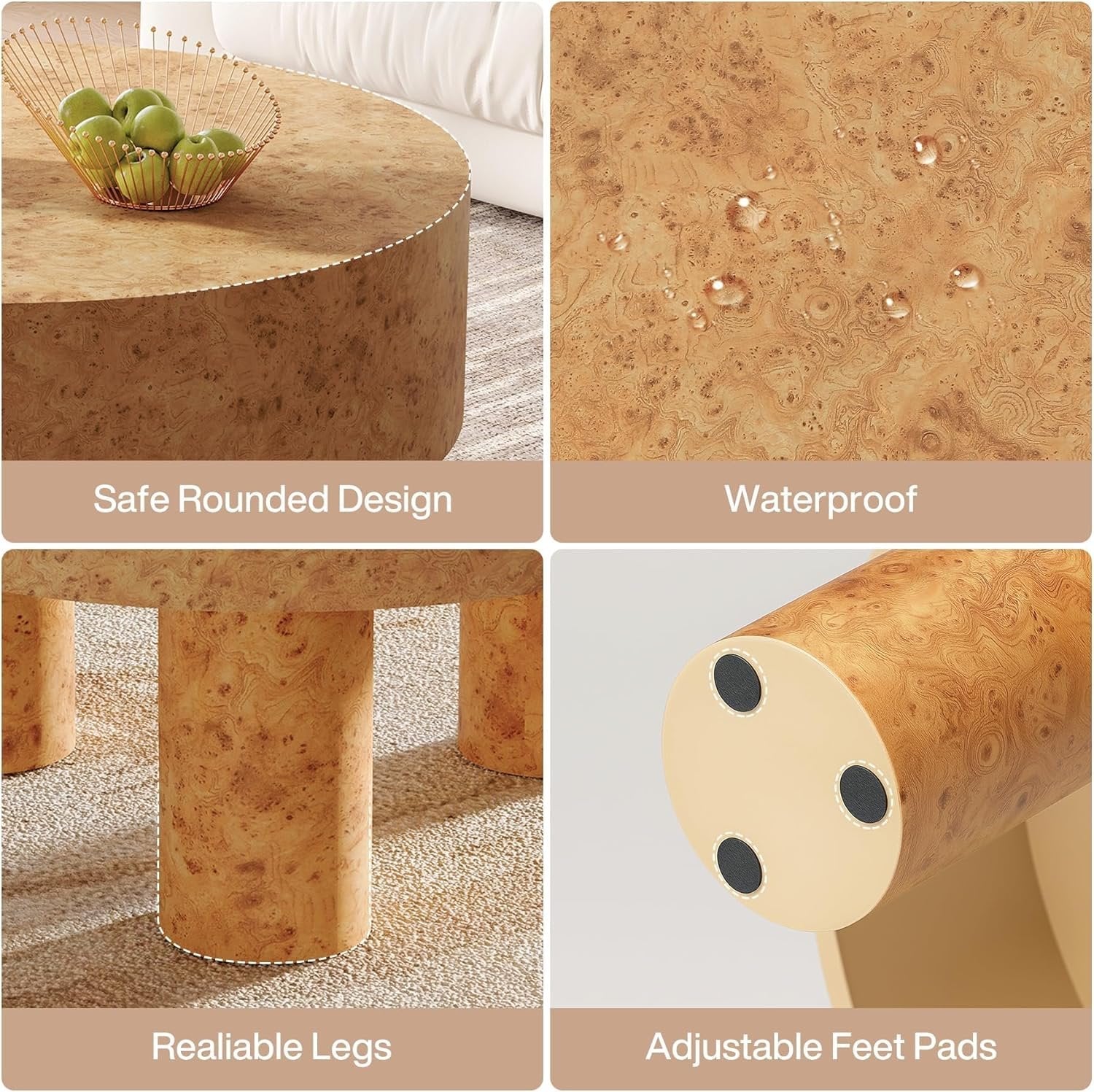 31.5" Modern Round Coffee Table with Burl Texture for Small Space