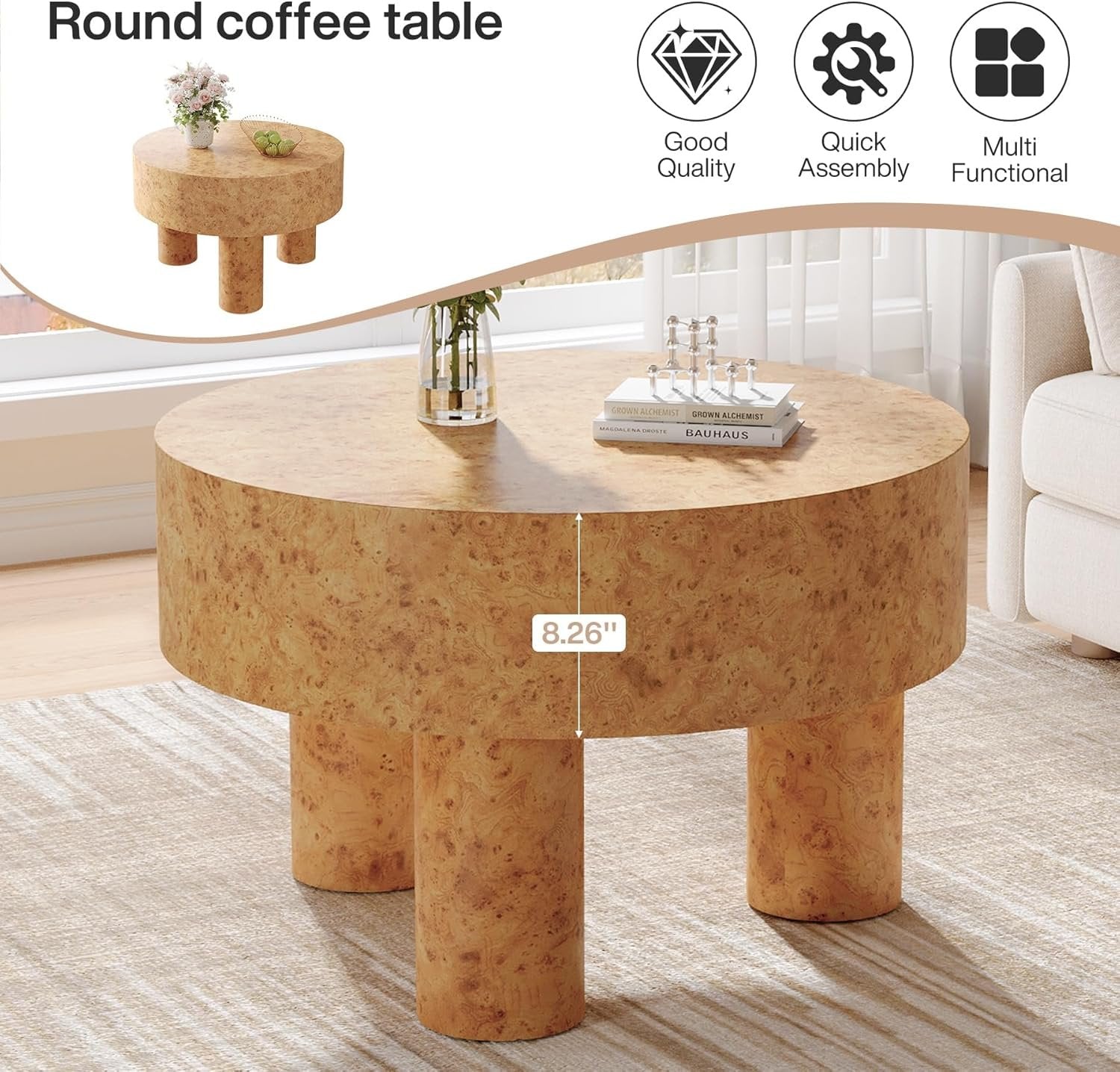 31.5" Modern Round Coffee Table with Burl Texture for Small Space