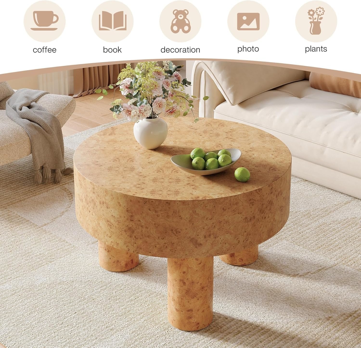 31.5" Modern Round Coffee Table with Burl Texture for Small Space
