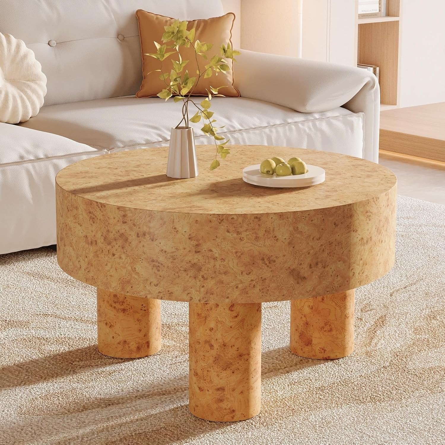 31.5" Modern Round Coffee Table with Burl Texture for Small Space
