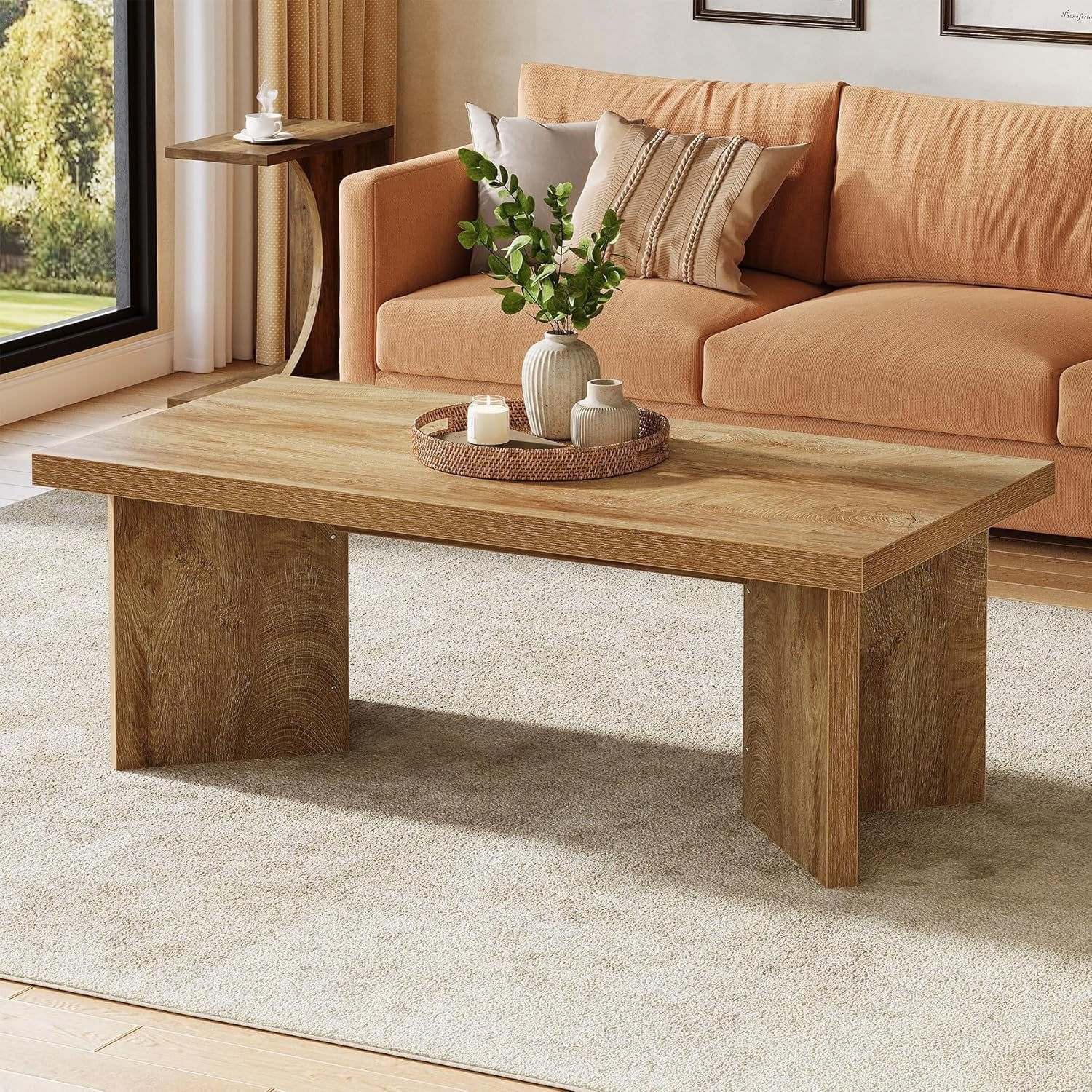 47" Farmhouse Rectangle Coffee Table, Light Brown Center Table with Thick Sturdy Base