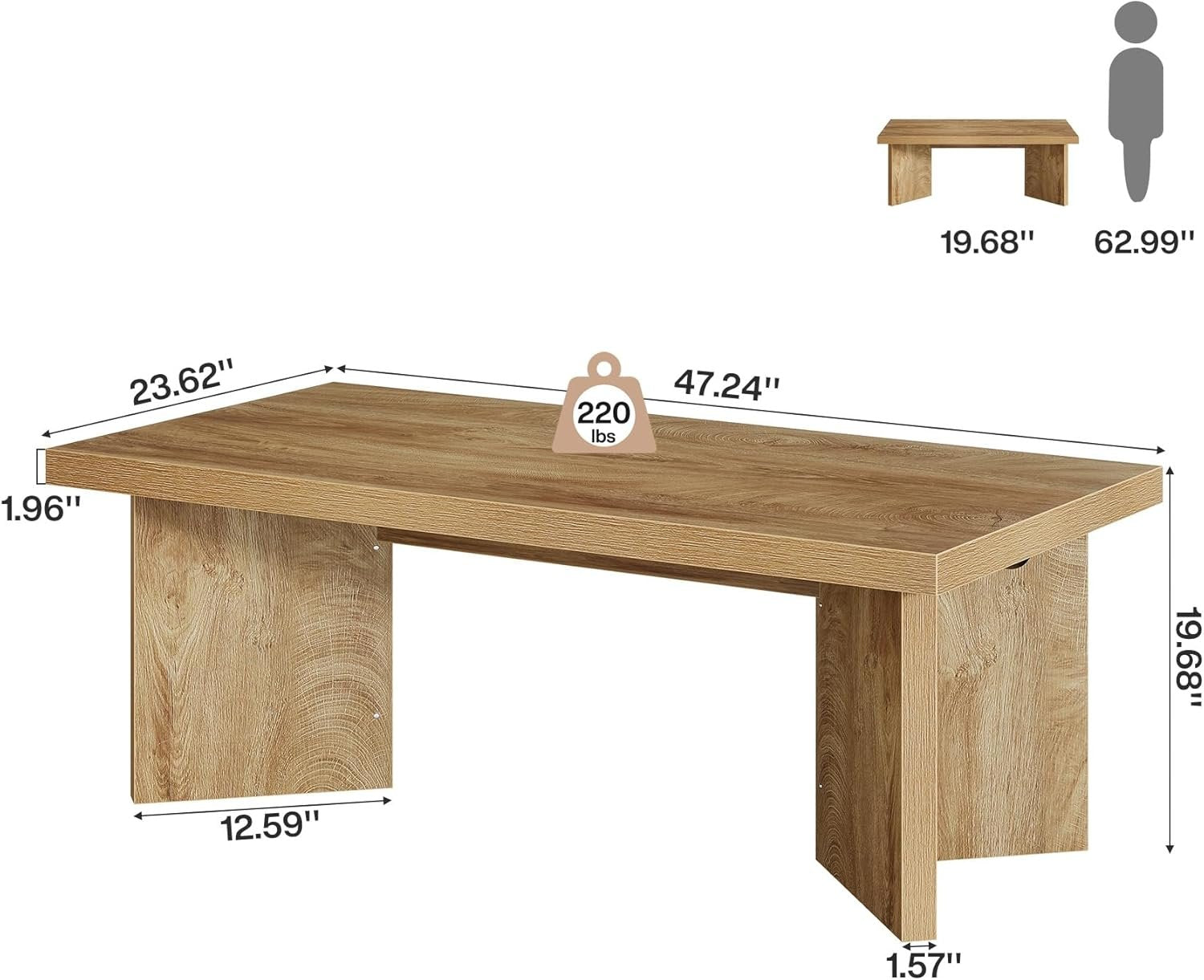 47" Farmhouse Rectangle Coffee Table, Light Brown Center Table with Thick Sturdy Base