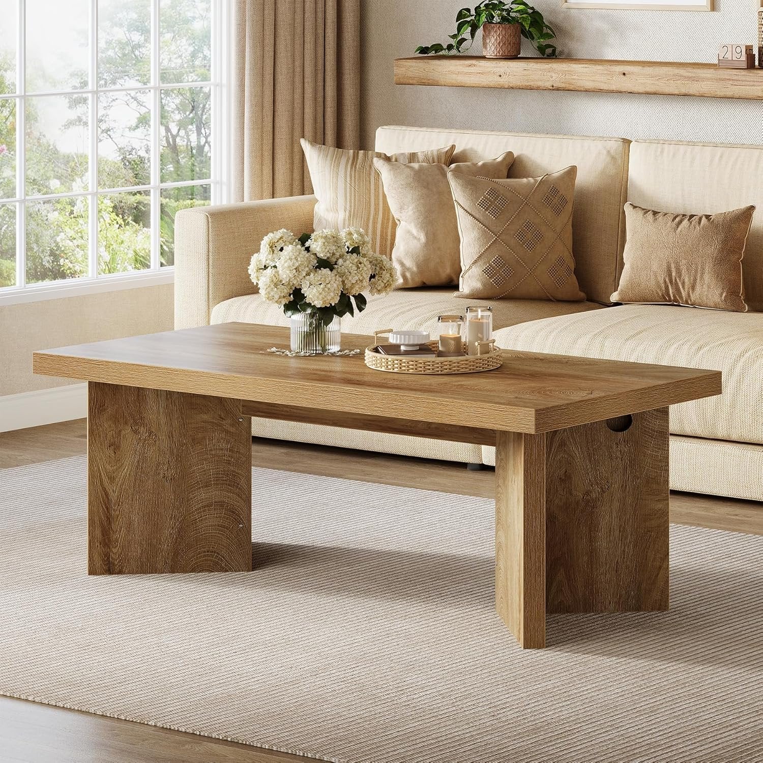 47" Farmhouse Rectangle Coffee Table, Light Brown Center Table with Thick Sturdy Base
