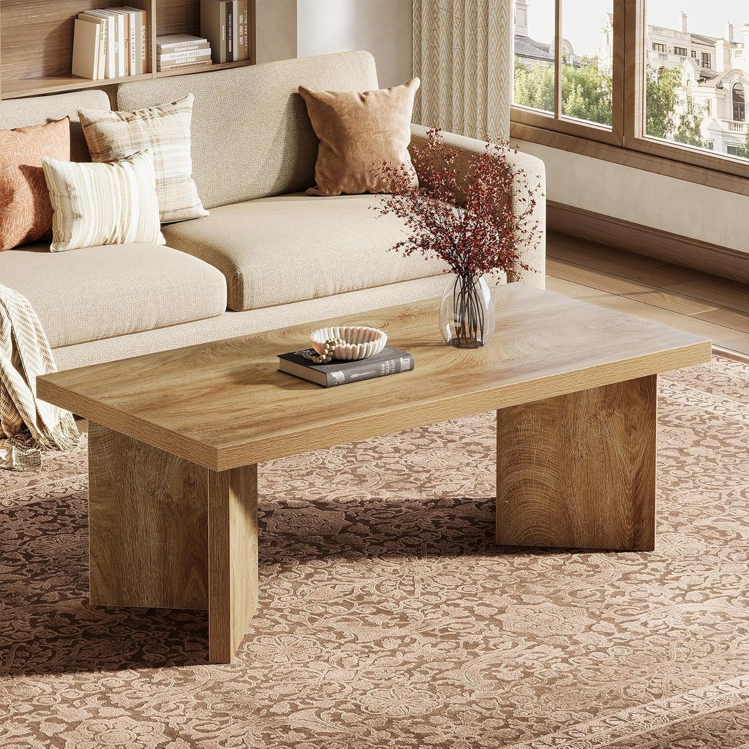 47" Farmhouse Rectangle Coffee Table, Light Brown Center Table with Thick Sturdy Base