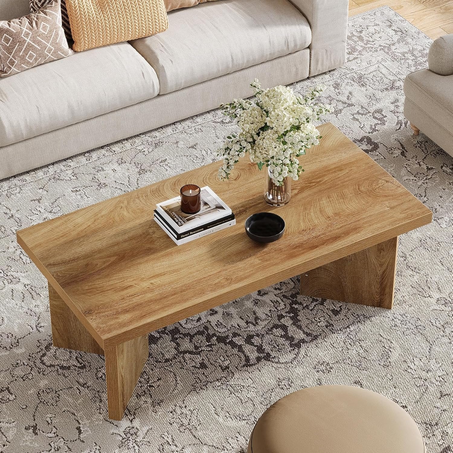 47" Farmhouse Rectangle Coffee Table, Light Brown Center Table with Thick Sturdy Base