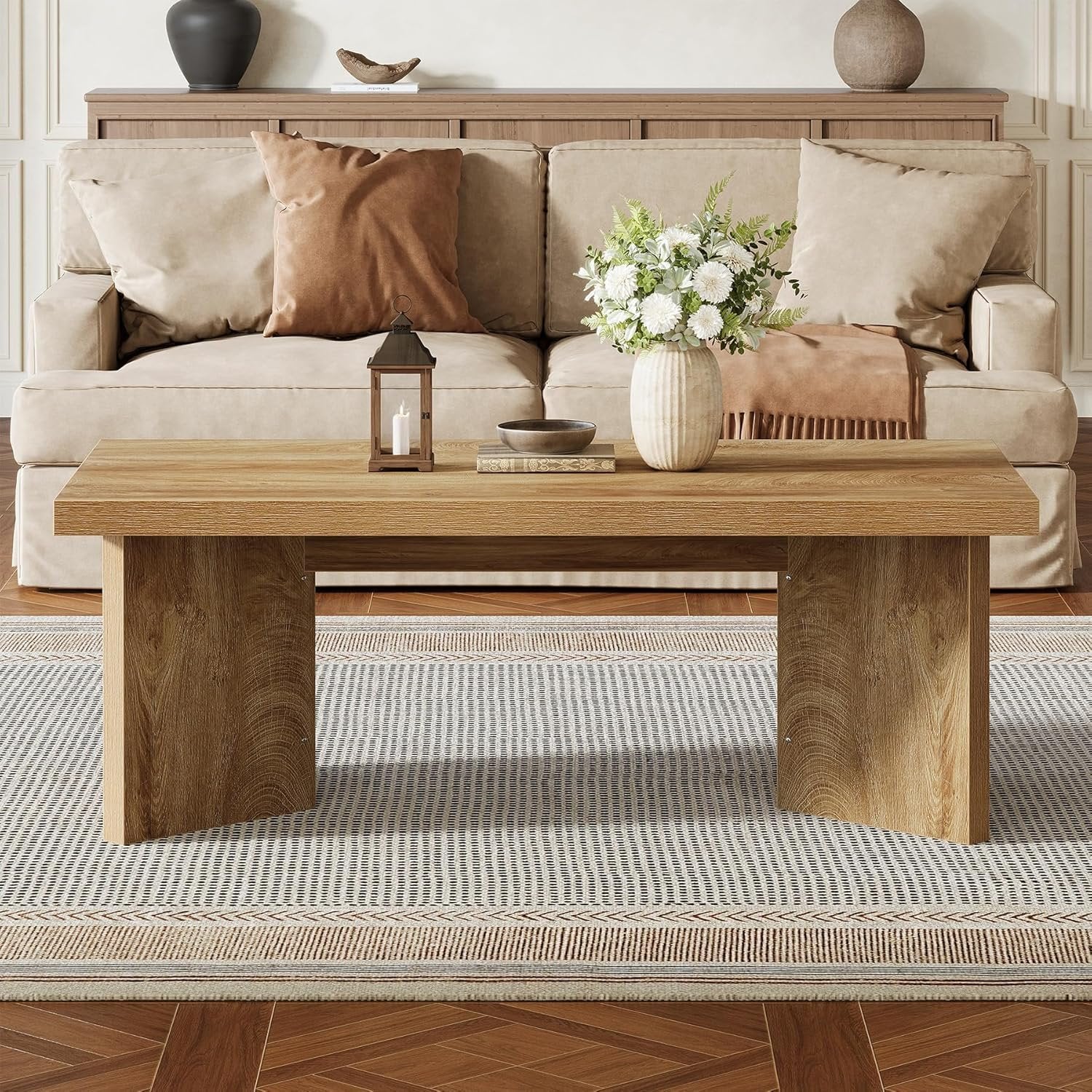 47" Farmhouse Rectangle Coffee Table, Light Brown Center Table with Thick Sturdy Base