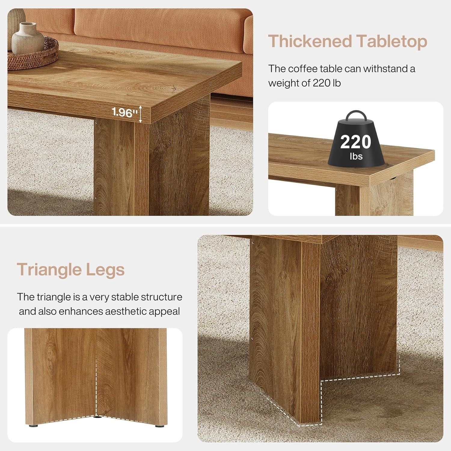 47" Farmhouse Rectangle Coffee Table, Light Brown Center Table with Thick Sturdy Base