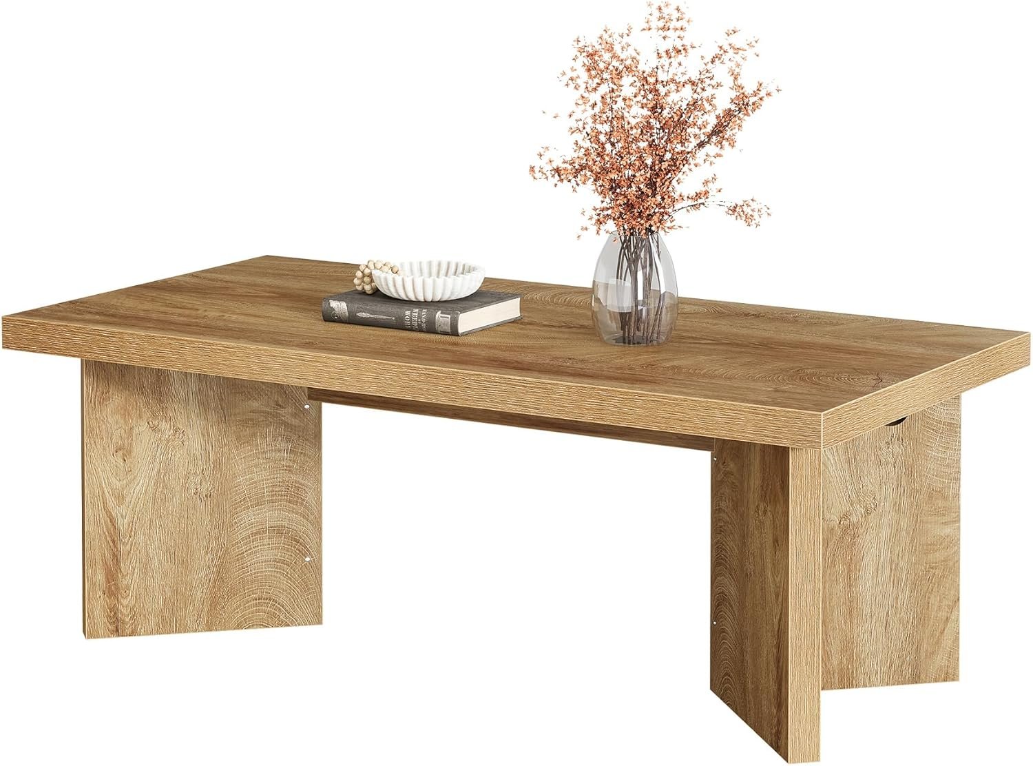 47" Farmhouse Rectangle Coffee Table, Light Brown Center Table with Thick Sturdy Base