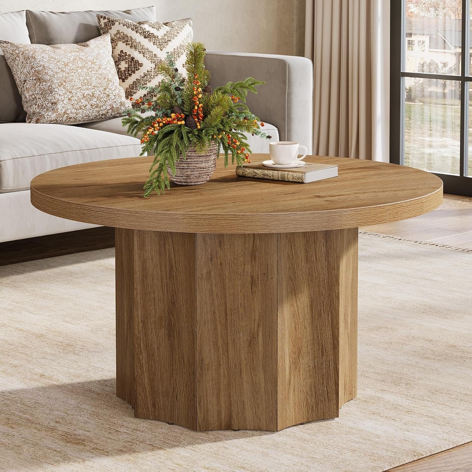 31.5" Mid-Century Round Coffee Table, Farmhouse Accent Table with Fluted Base for Small Spaces