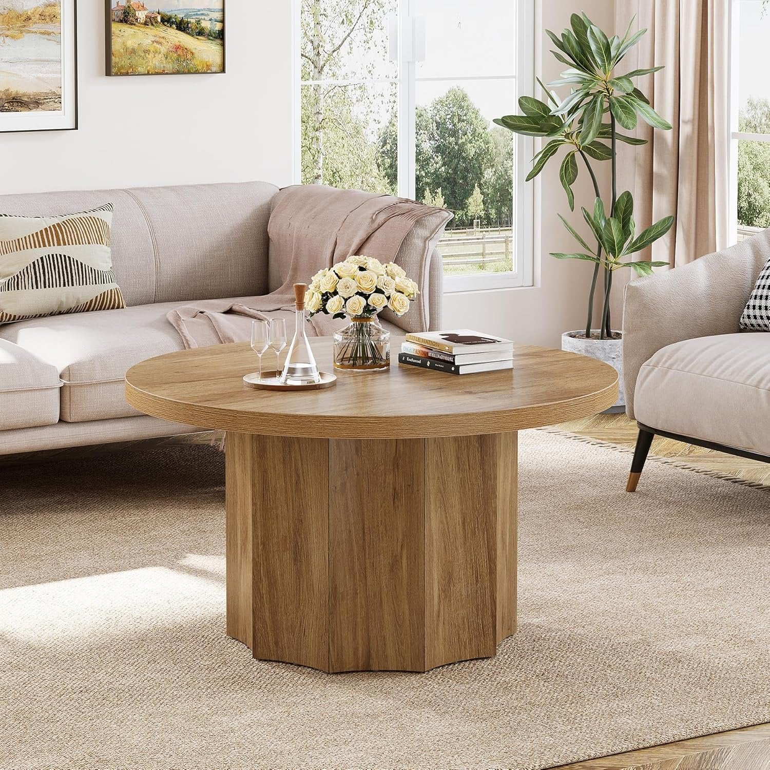 31.5" Mid-Century Round Coffee Table, Farmhouse Accent Table with Fluted Base for Small Spaces