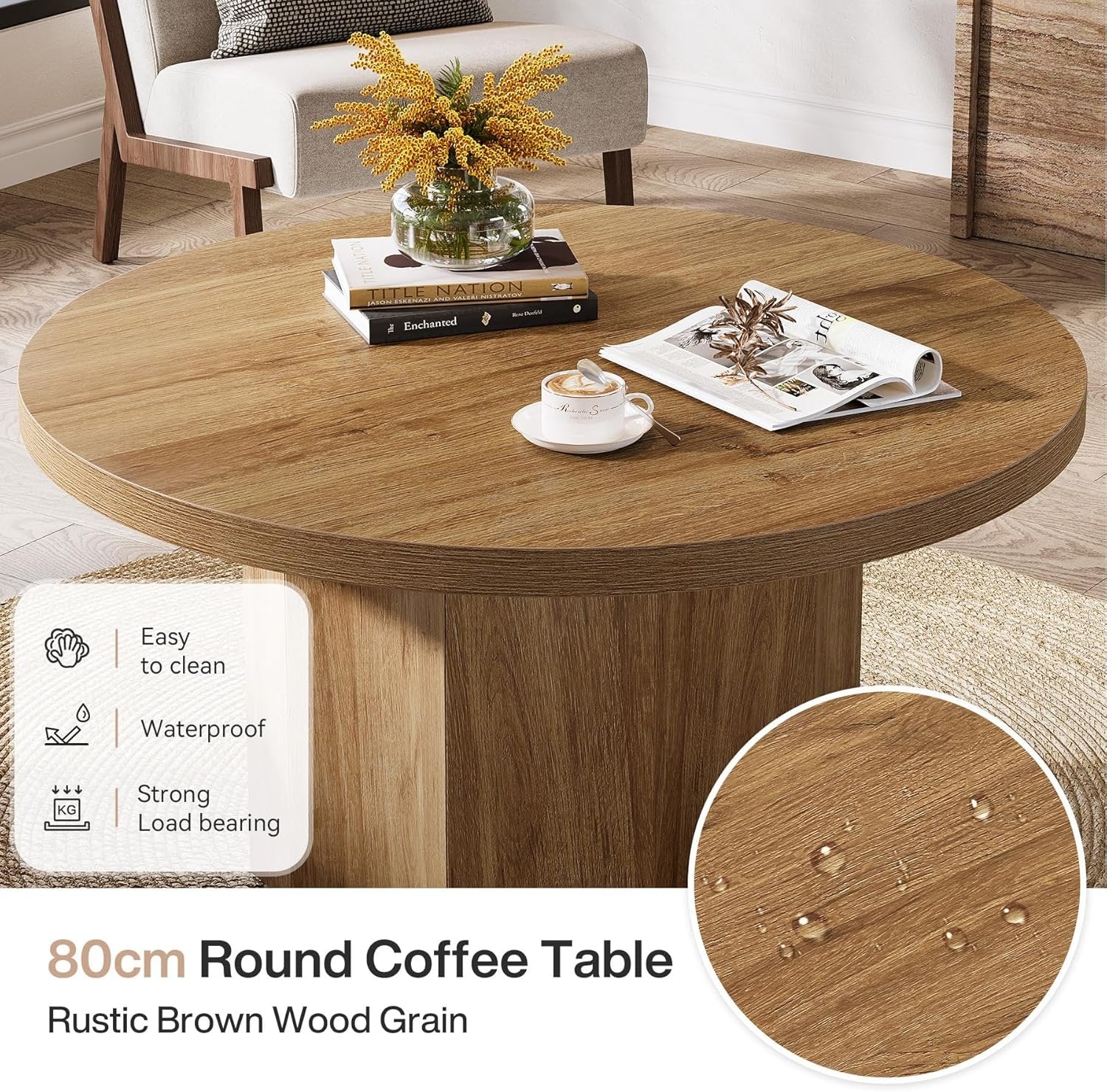 31.5" Mid-Century Round Coffee Table, Farmhouse Accent Table with Fluted Base for Small Spaces