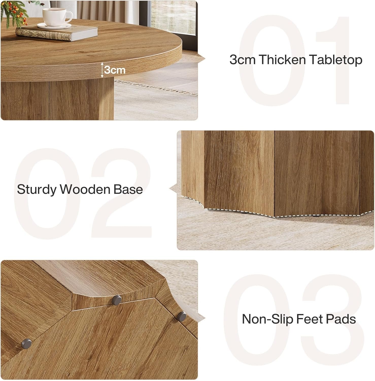 31.5" Mid-Century Round Coffee Table, Farmhouse Accent Table with Fluted Base for Small Spaces