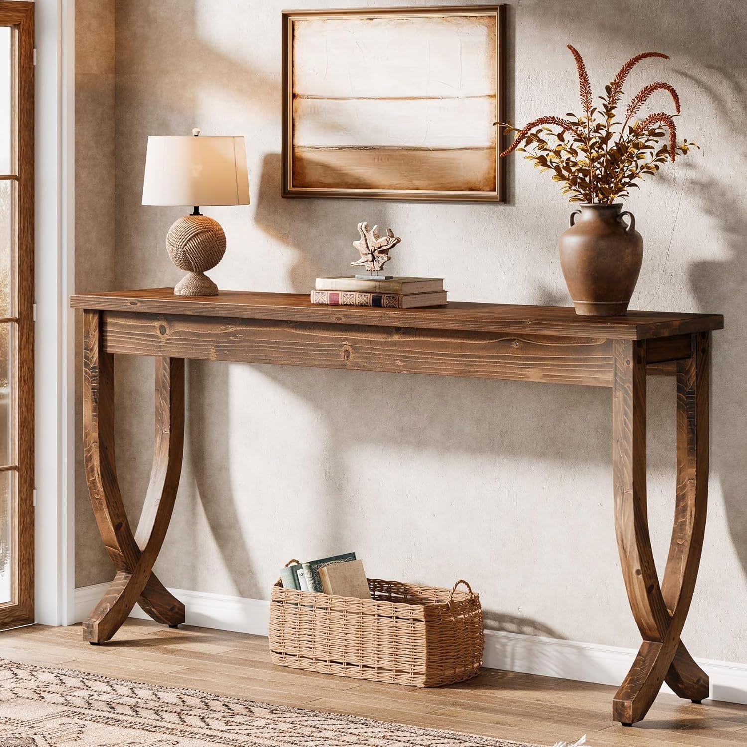 63" Solid Wood Console Table, Farmhouse Brown Entryway Sofa Table