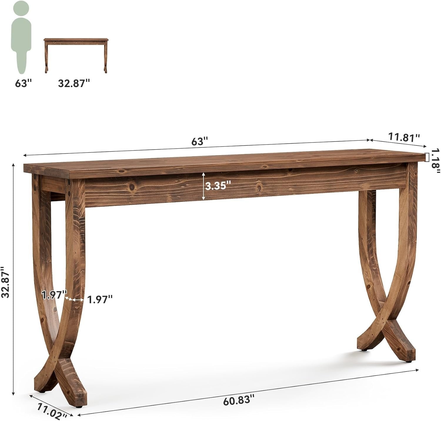 63" Solid Wood Console Table, Farmhouse Brown Entryway Sofa Table