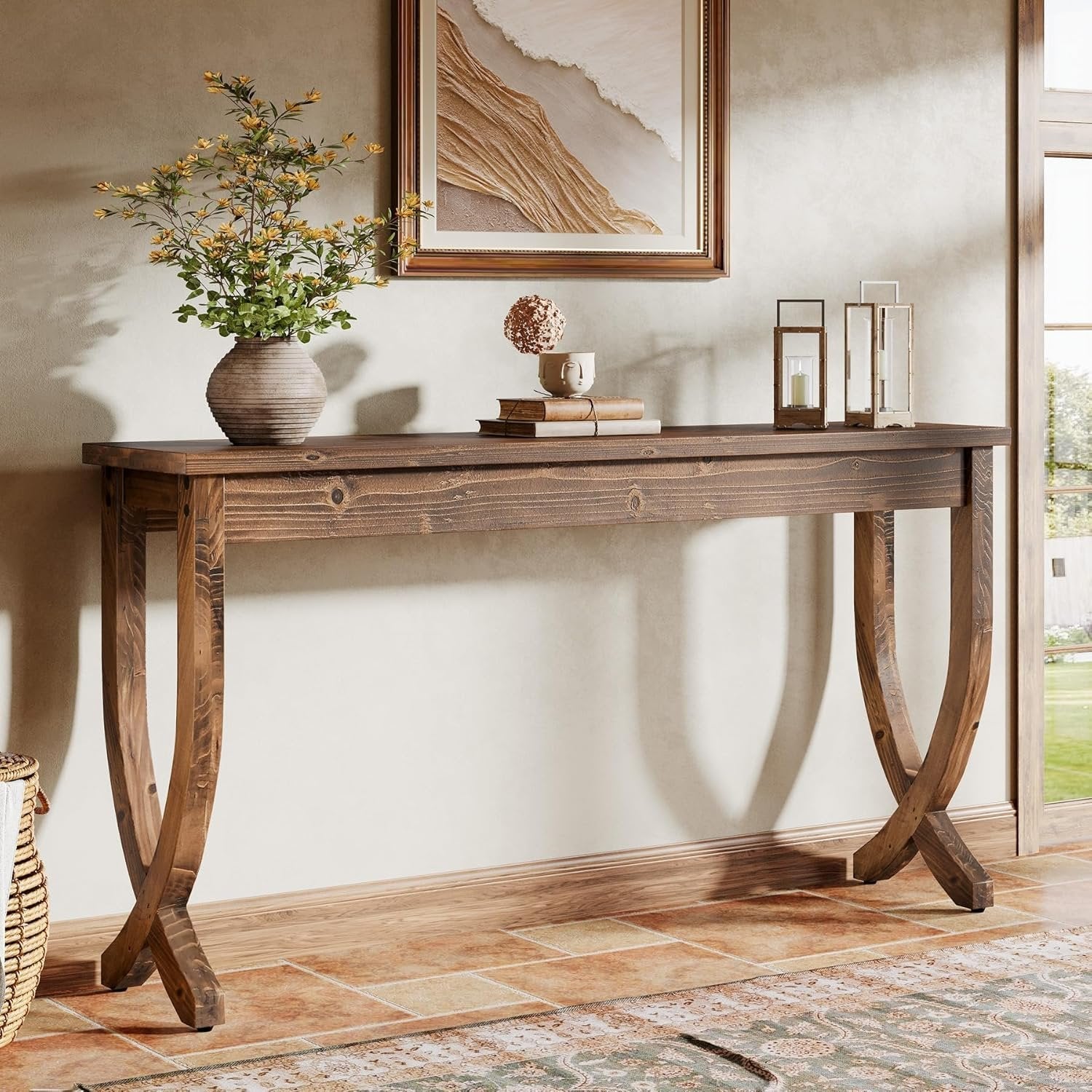 63" Solid Wood Console Table, Farmhouse Brown Entryway Sofa Table