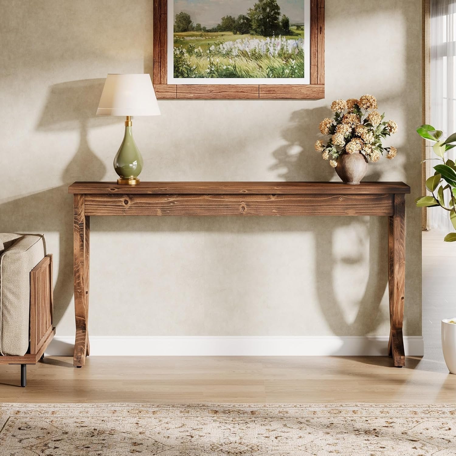 63" Solid Wood Console Table, Farmhouse Brown Entryway Sofa Table