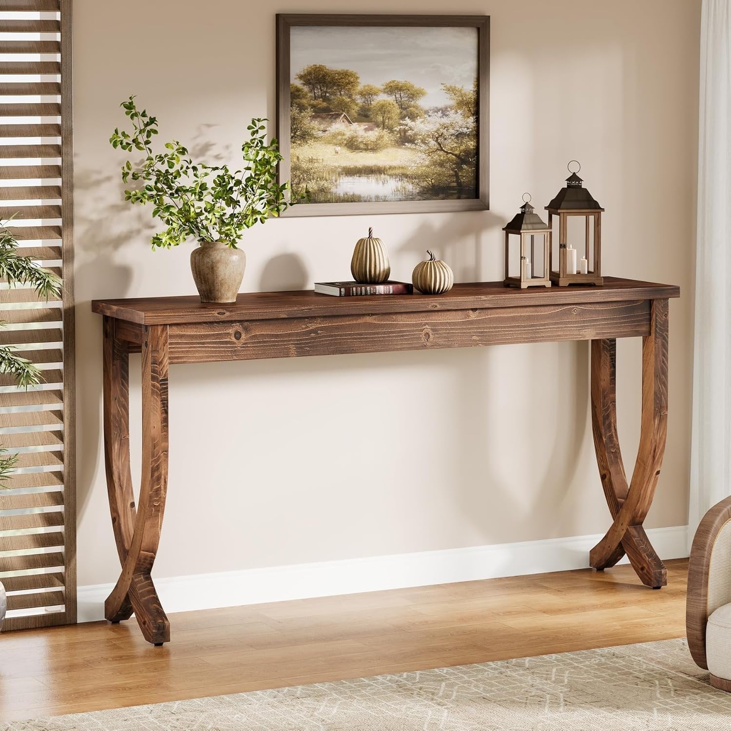 63" Solid Wood Console Table, Farmhouse Brown Entryway Sofa Table