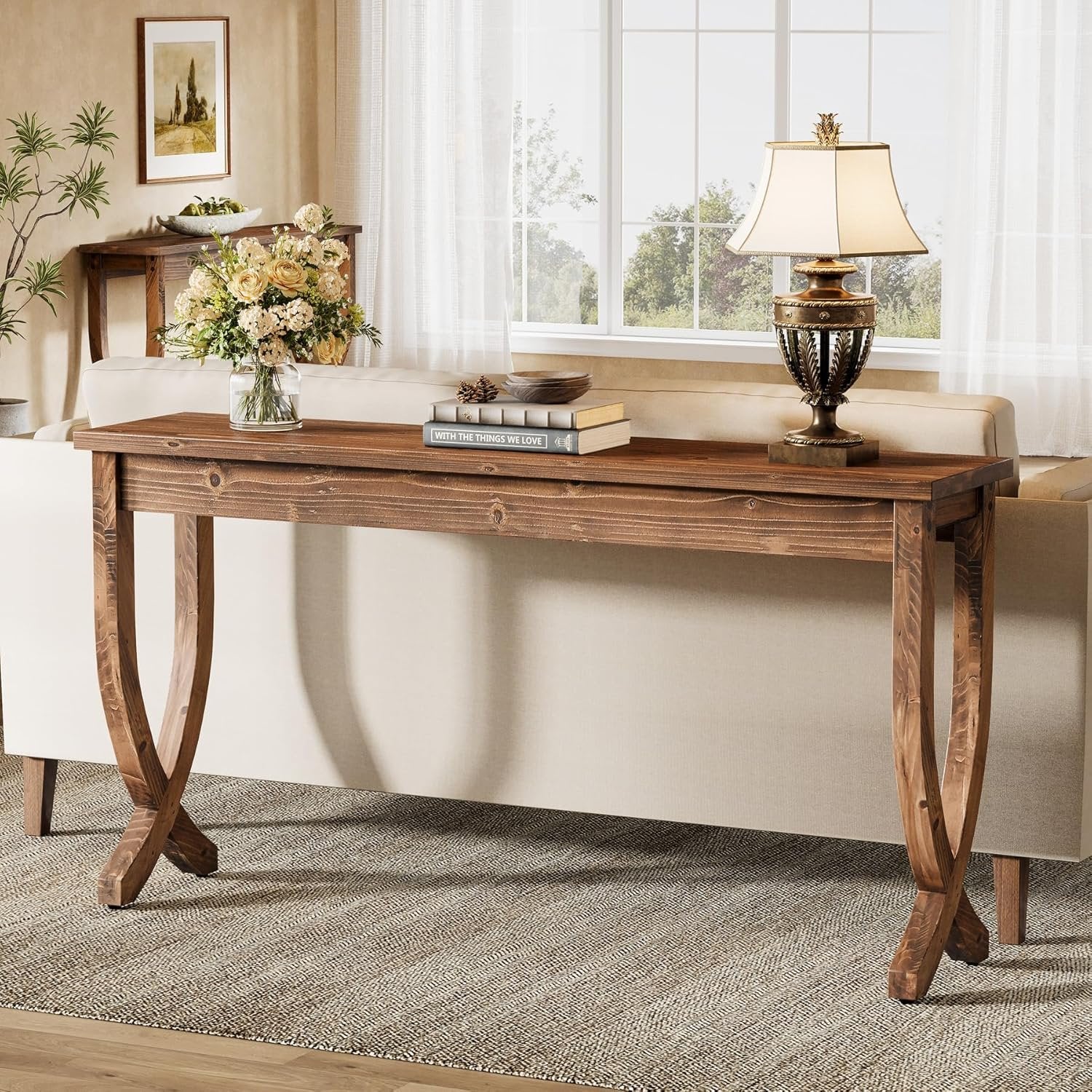 63" Solid Wood Console Table, Farmhouse Brown Entryway Sofa Table