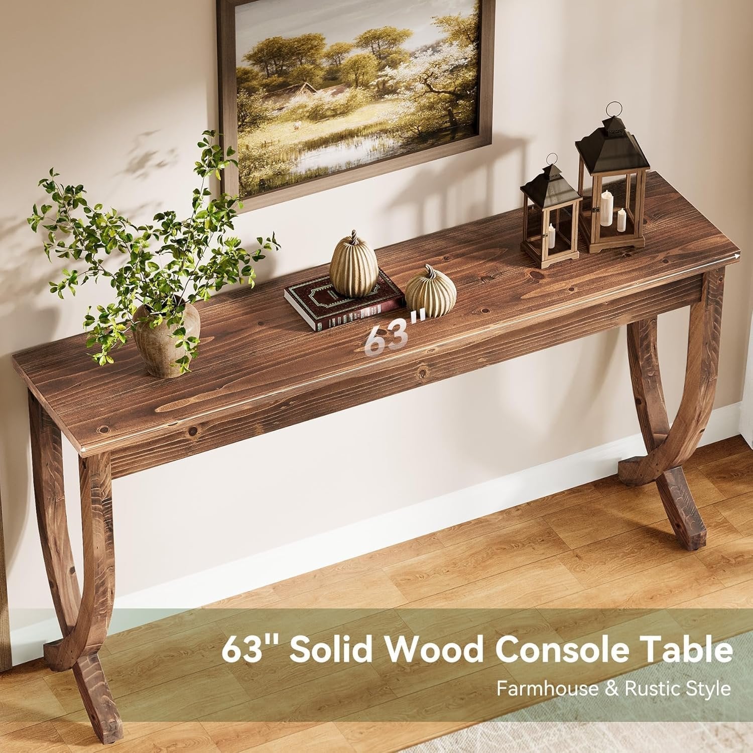 63" Solid Wood Console Table, Farmhouse Brown Entryway Sofa Table