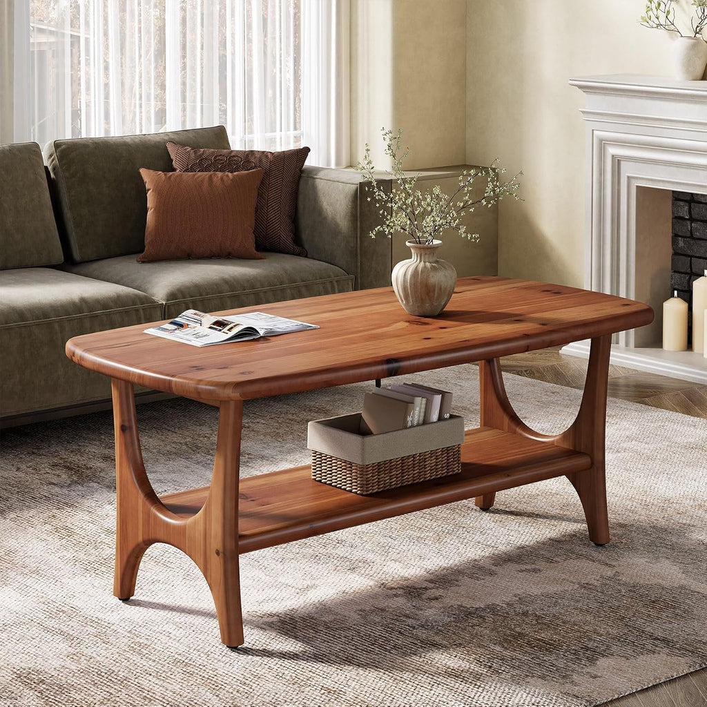 47.24" Mid Century Modern Solid Wood Coffee Table Two Tier Rectangle Center Table