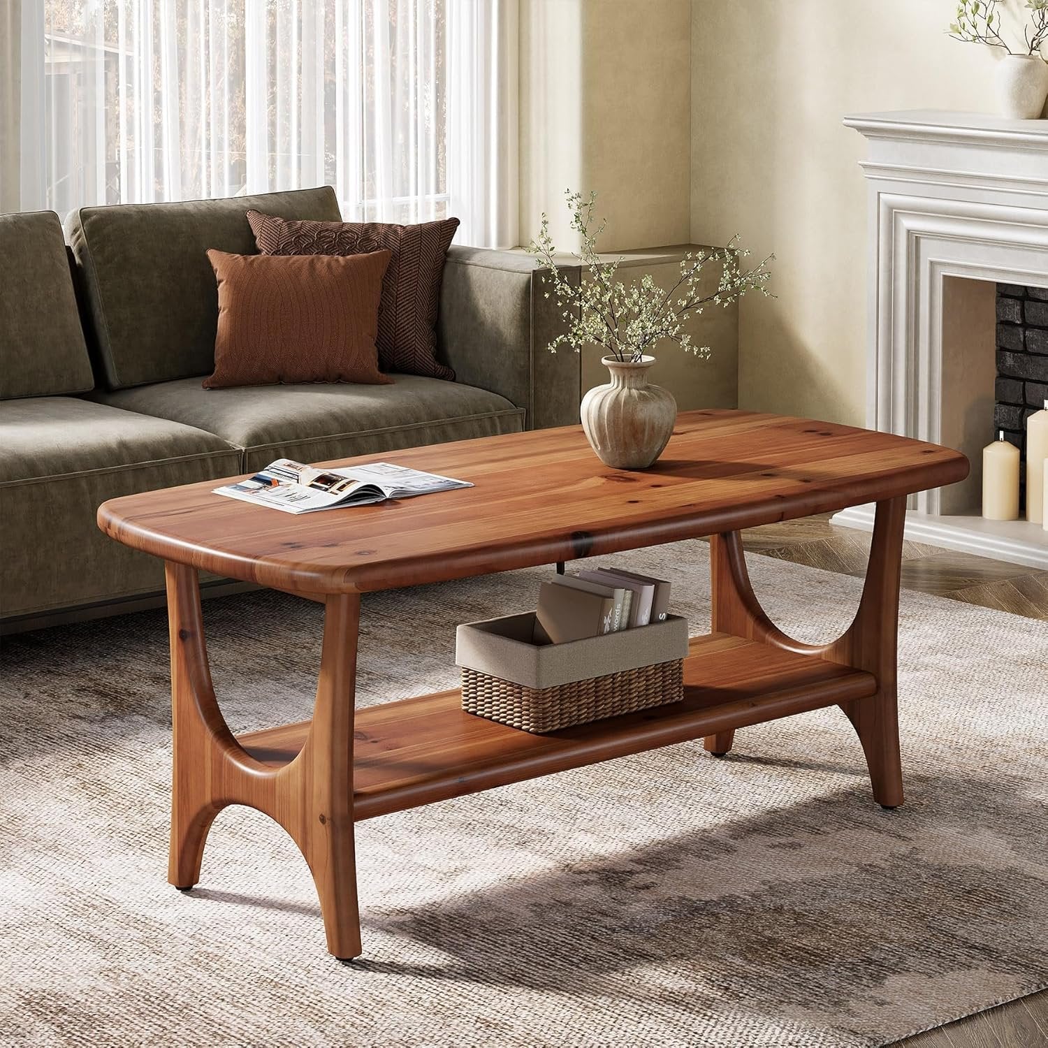 47.24" Mid-Century Modern Solid Wood Coffee Table, Two-Tier Rectangle Center Table