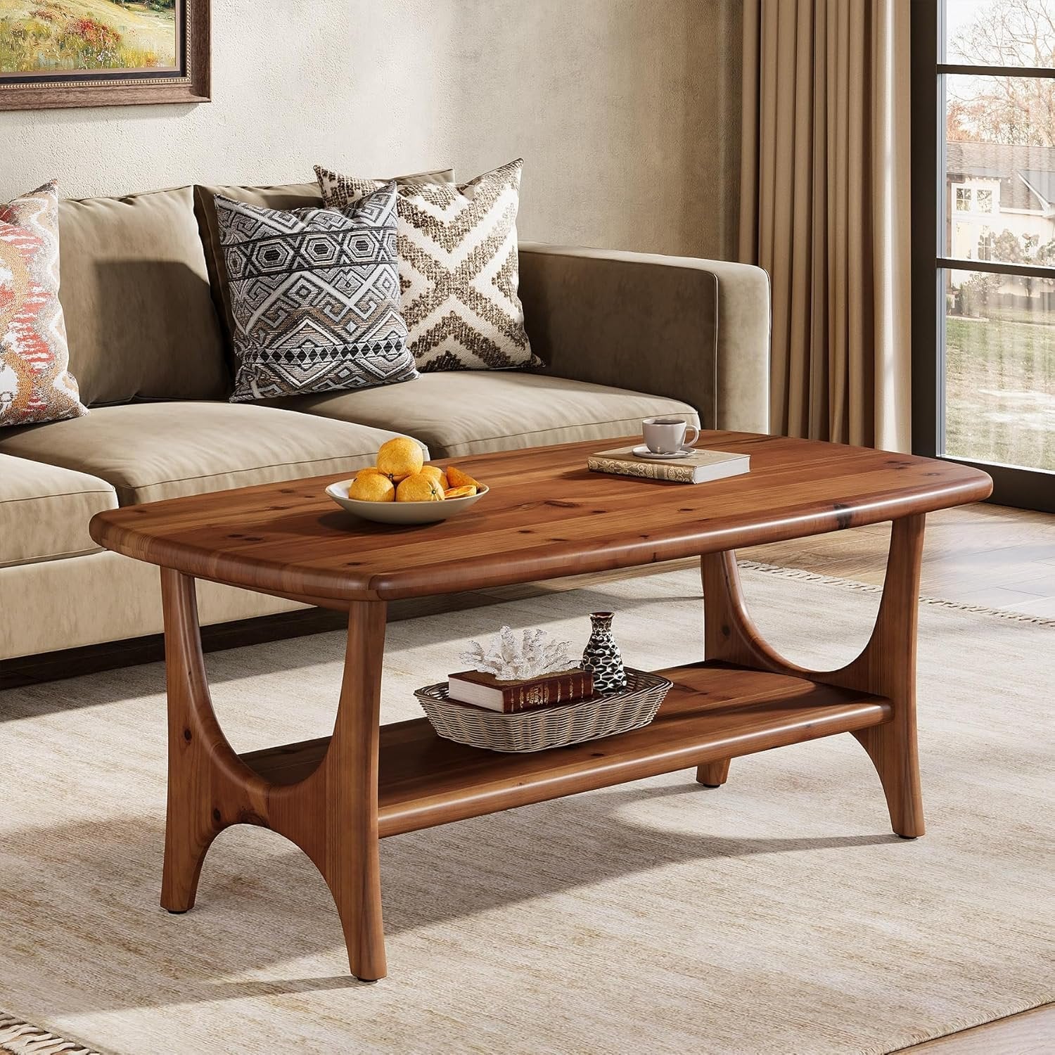 47.24" Mid-Century Modern Solid Wood Coffee Table, Two-Tier Rectangle Center Table