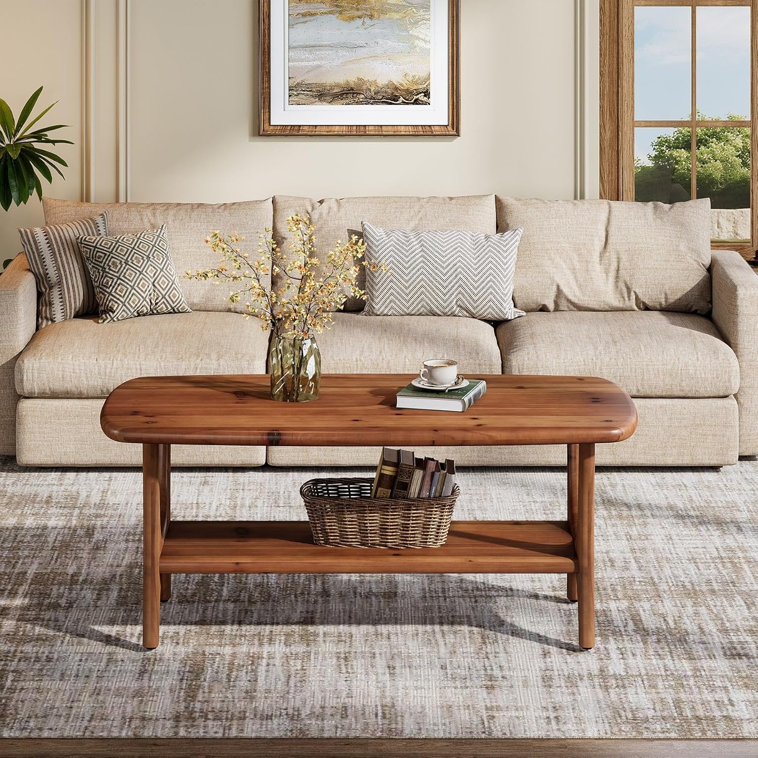 47.24" Mid-Century Modern Solid Wood Coffee Table, Two-Tier Rectangle Center Table