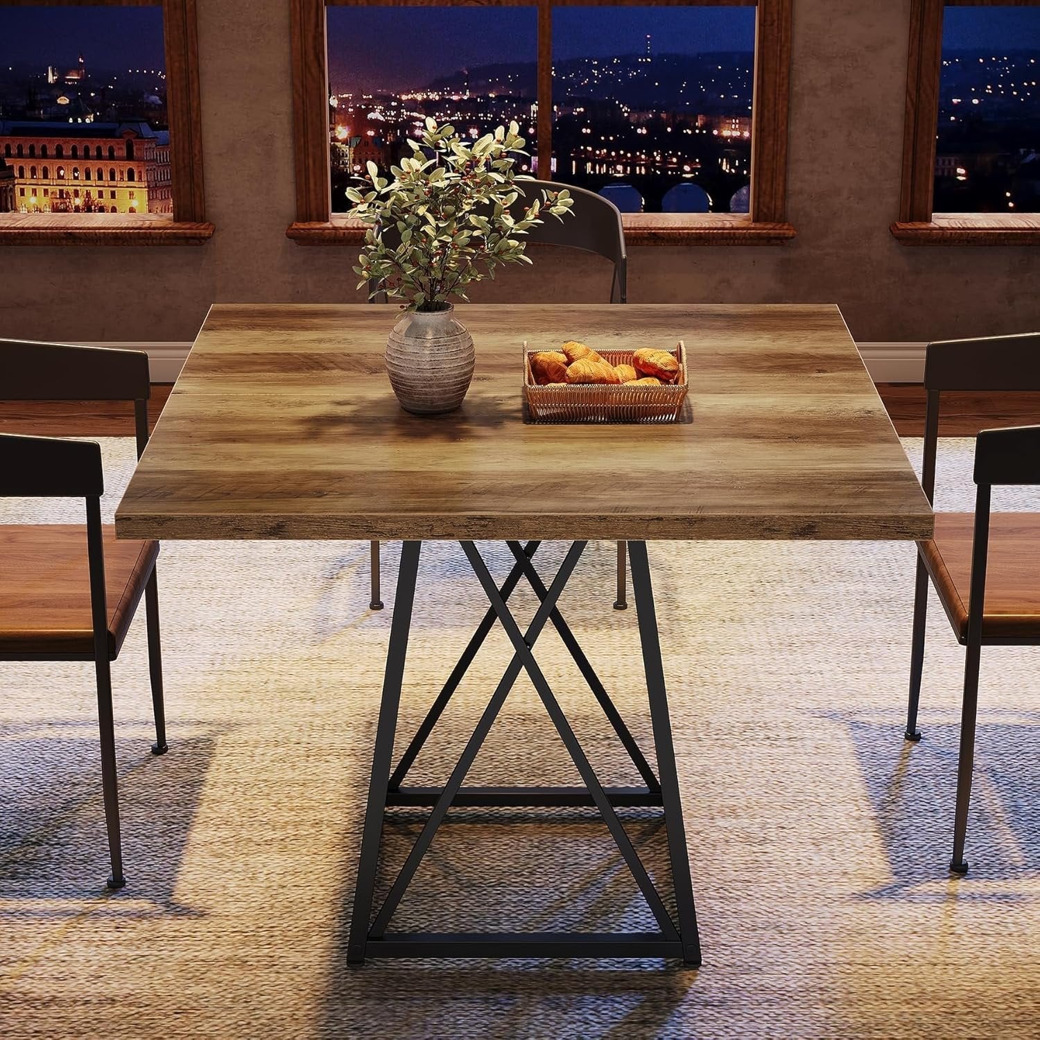 35.43" Square Table for Small Spaces, Industrial Kitchen & Dining Table with Stylish Black Frame