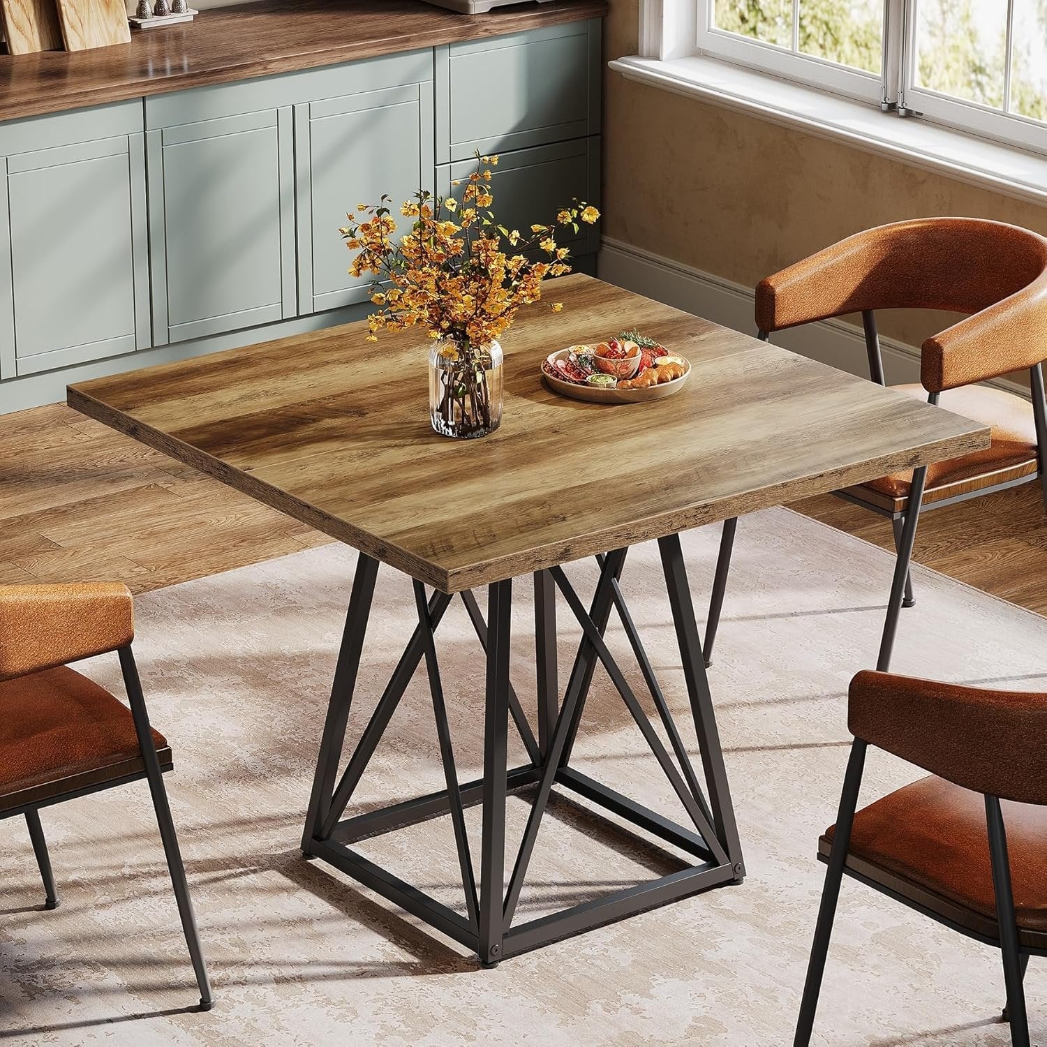 35.43" Square Table for Small Spaces, Industrial Kitchen & Dining Table with Stylish Black Frame