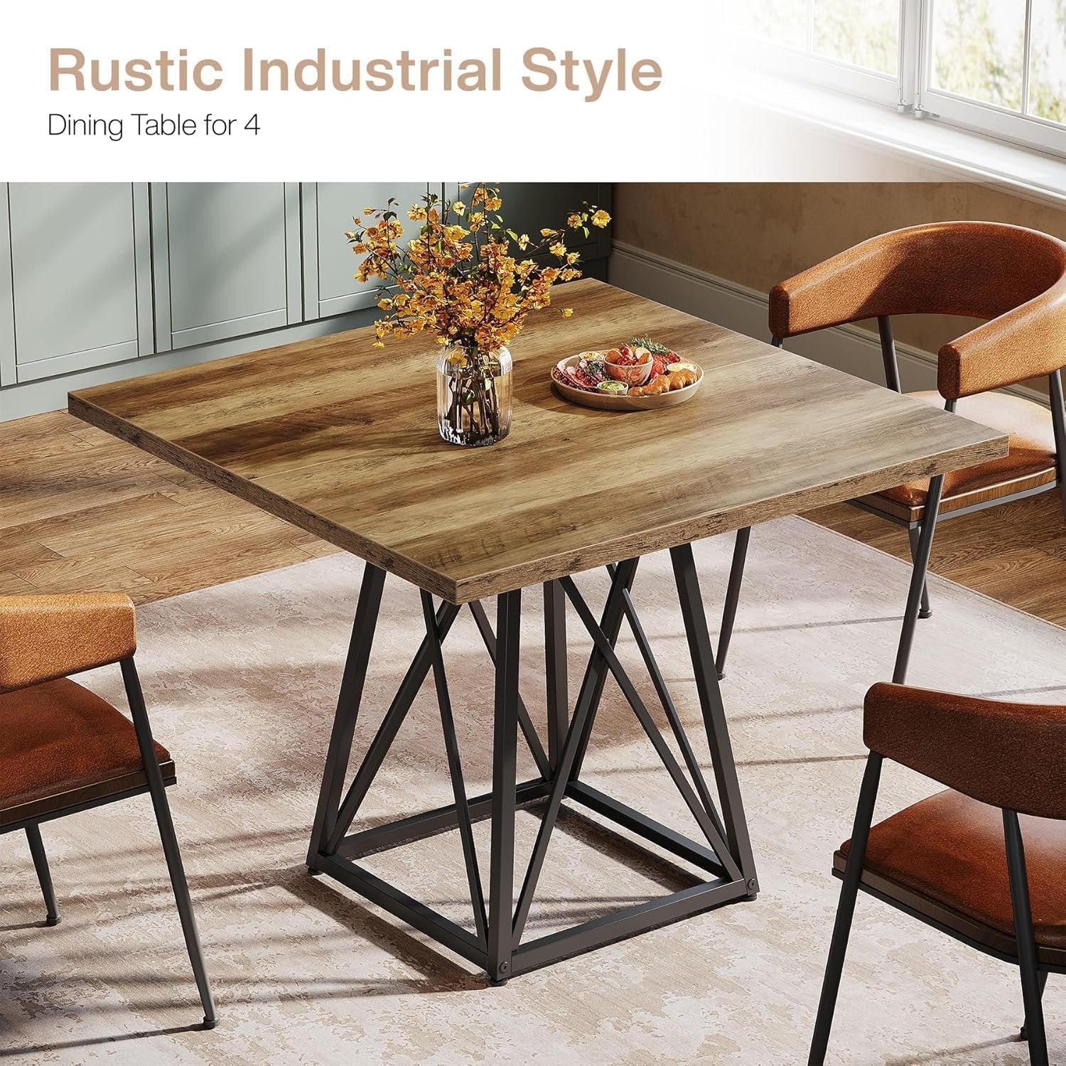 35.43" Square Table for Small Spaces, Industrial Kitchen & Dining Table with Stylish Black Frame