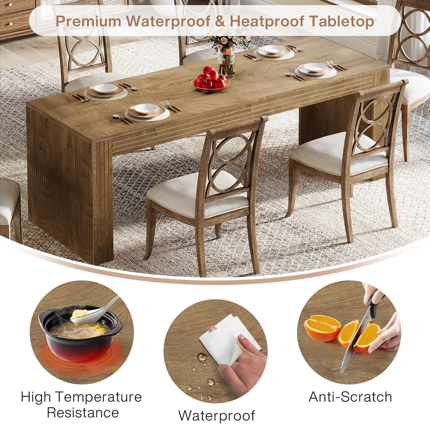 78.7" Large Dining Table for 8 Seater, Modern Rectangular Wooden Table